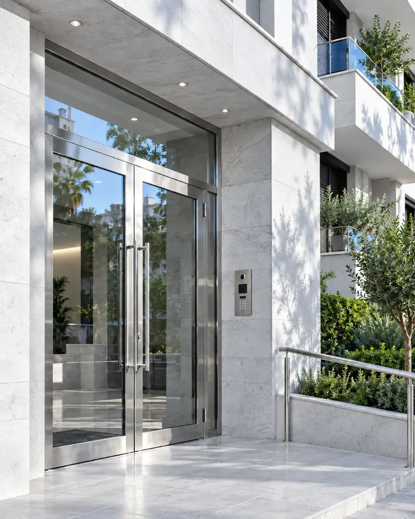Entrada de un edificio con portal acristalado y herrajes metálicos