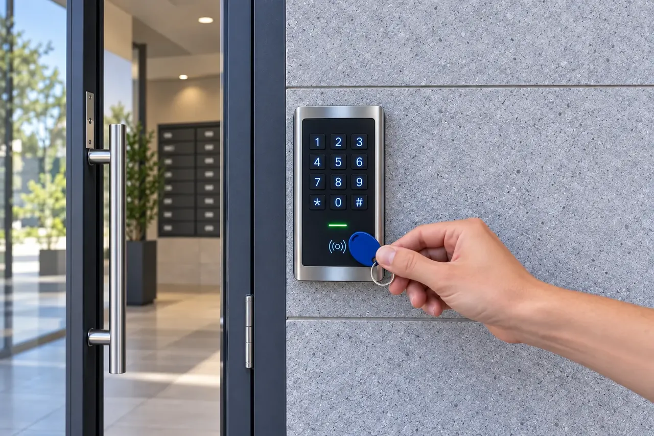 Mano acercando un llavero RFID al lector de un portal comunitario