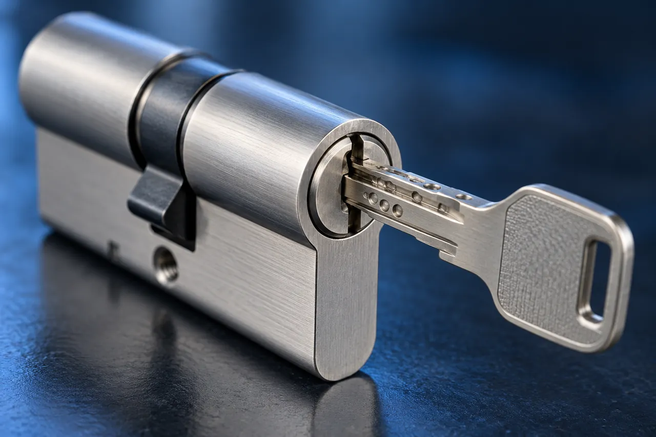 Bombín de seguridad con una llave introducida, sobre fondo azul