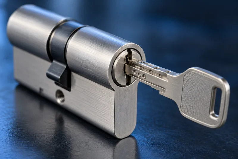 Bombín de seguridad con una llave introducida, sobre fondo azul
