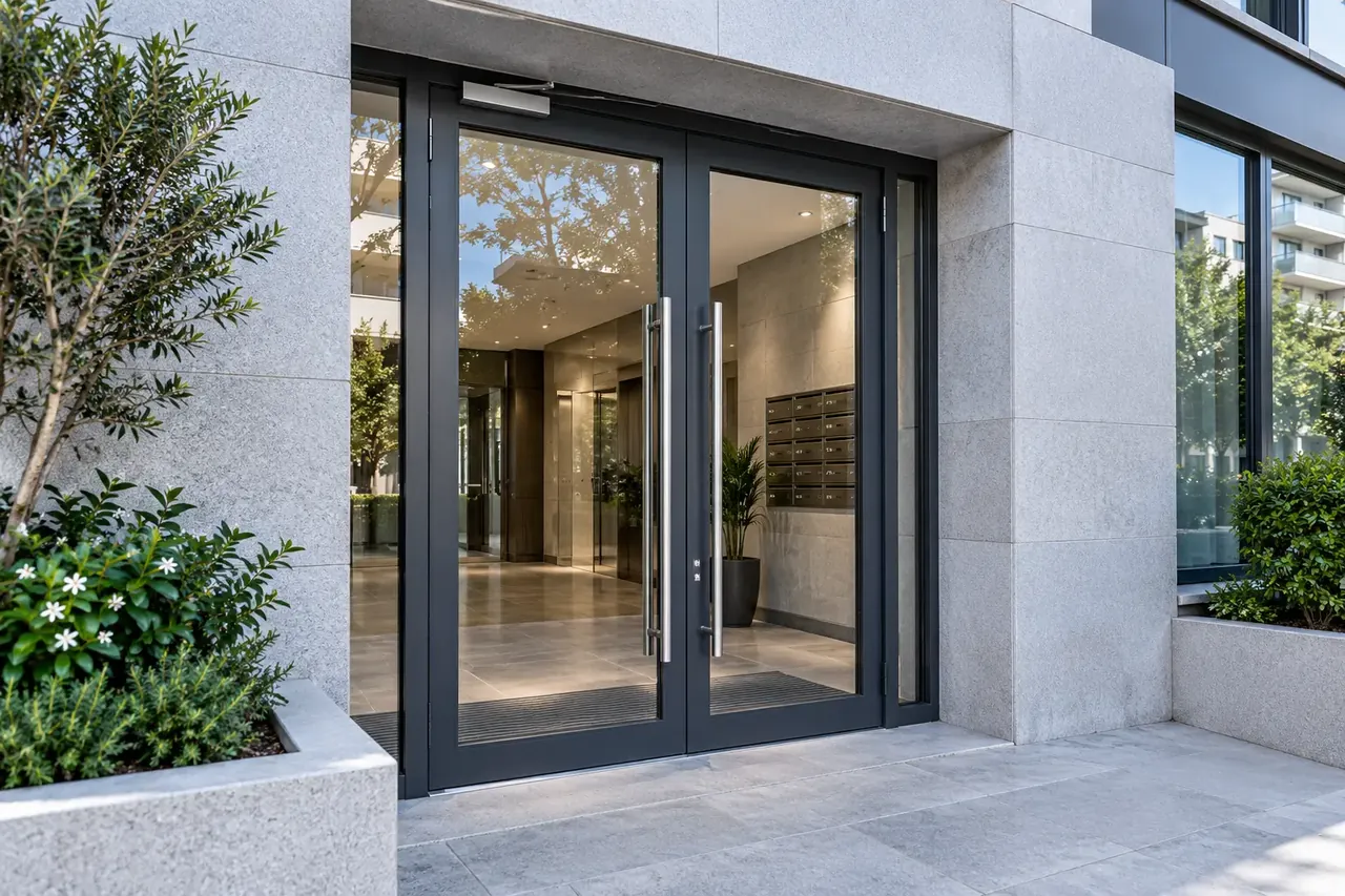 Portal acristalado de un edificio con tiradores metálicos