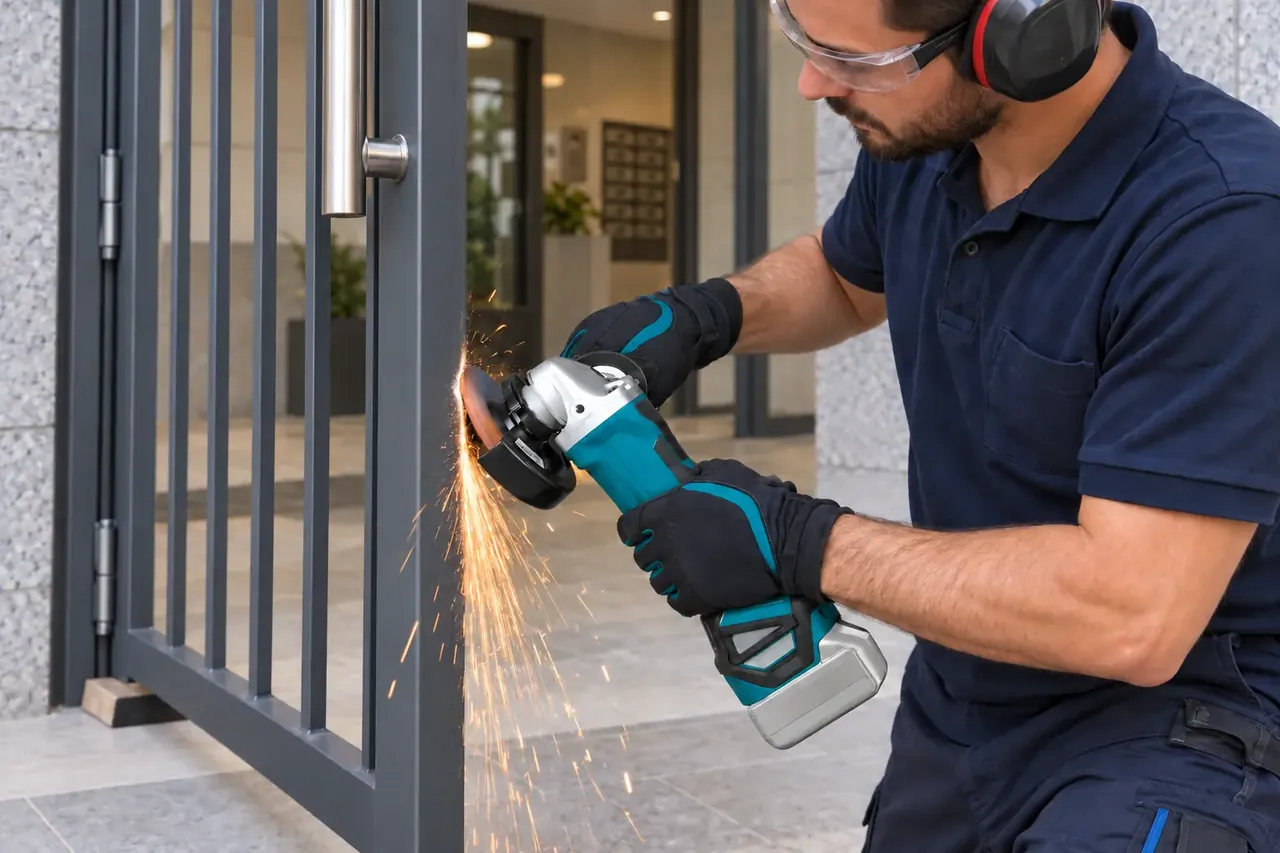 Técnico ajustando el canto de un portal metálico con una radial