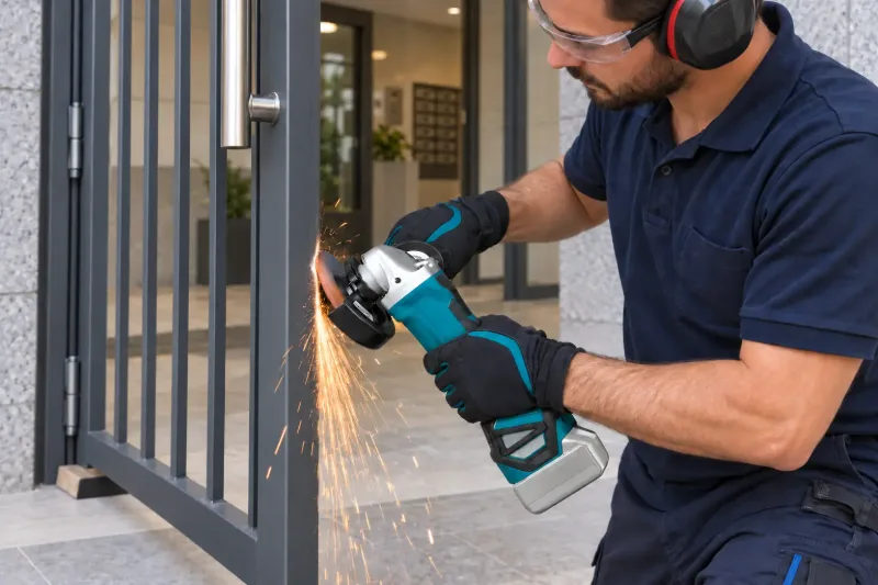 Técnico ajustando el canto de un portal metálico con una radial