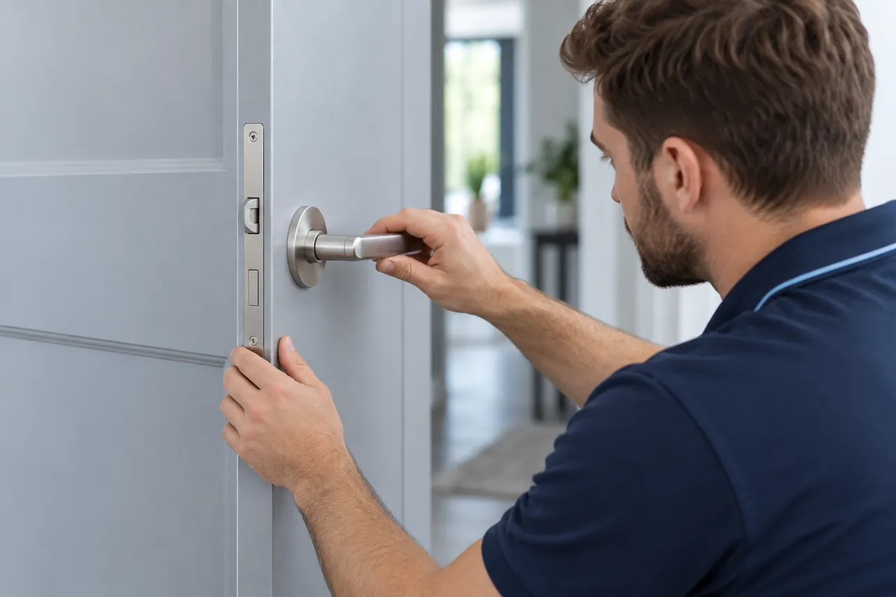 Técnico trabajando en la cerradura de una puerta gris
