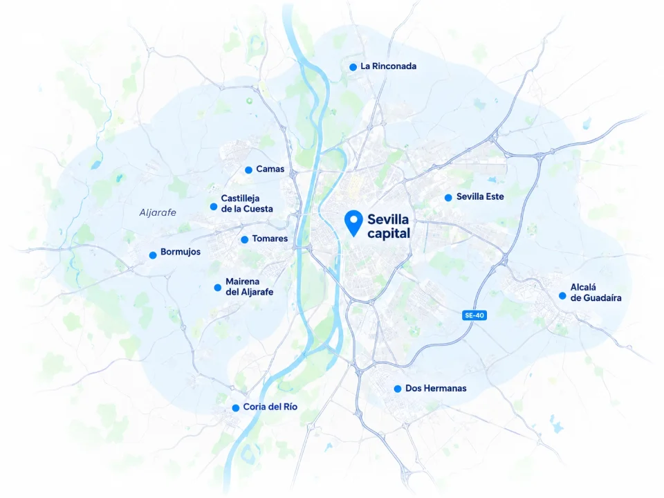 Mapa orientativo de Sevilla, el Aljarafe y localidades cercanas del área metropolitana