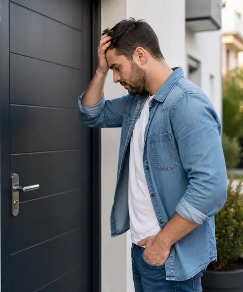 Cliente frente a su puerta necesitando un servicio de apertura de puertas en Sevilla