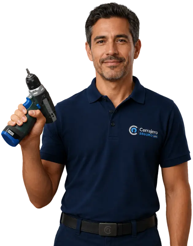 Técnico cerrajero de Cerrajero Seguro Sevilla con taladro profesional y uniforme corporativo.