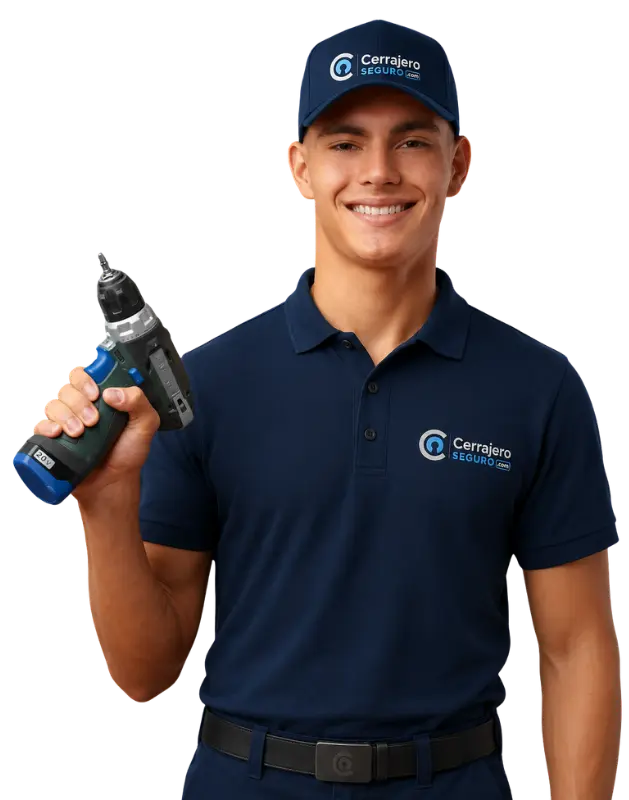 Técnico cerrajero de Cerrajero Seguro Sevilla con taladro profesional y uniforme corporativo.